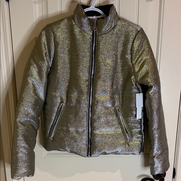 Design Lab Lord & Taylor Metallic Silver & Gold Women's Puffer Bomber Jacket SzS - Picture 1 of 13